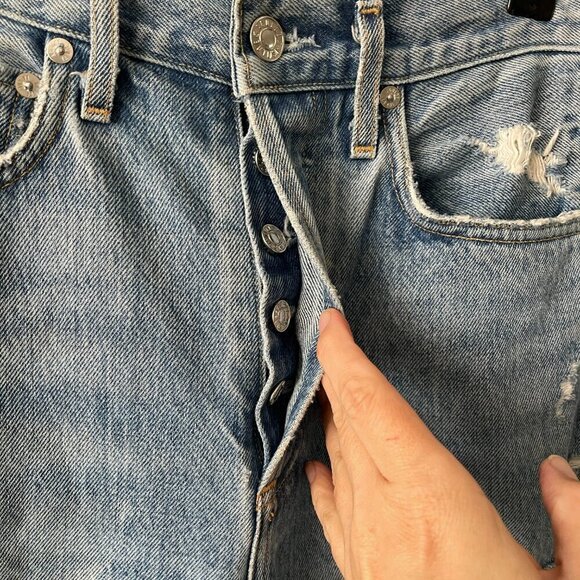 Agolde '90s Distressed Button-Fly High Rise Denim Straight Leg Jeans Blue 23 - Picture 7 of 10
